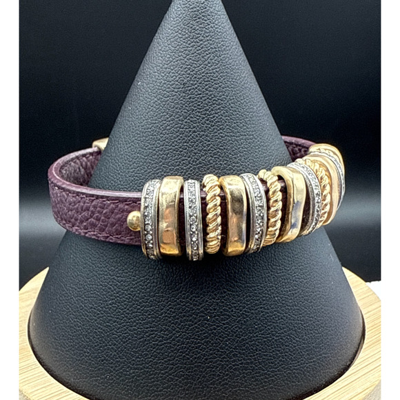 Slide Bracelet 7" Gold Silver Tone Crystal Charms Magnetic Purple Band Bangle - Picture 1 of 9